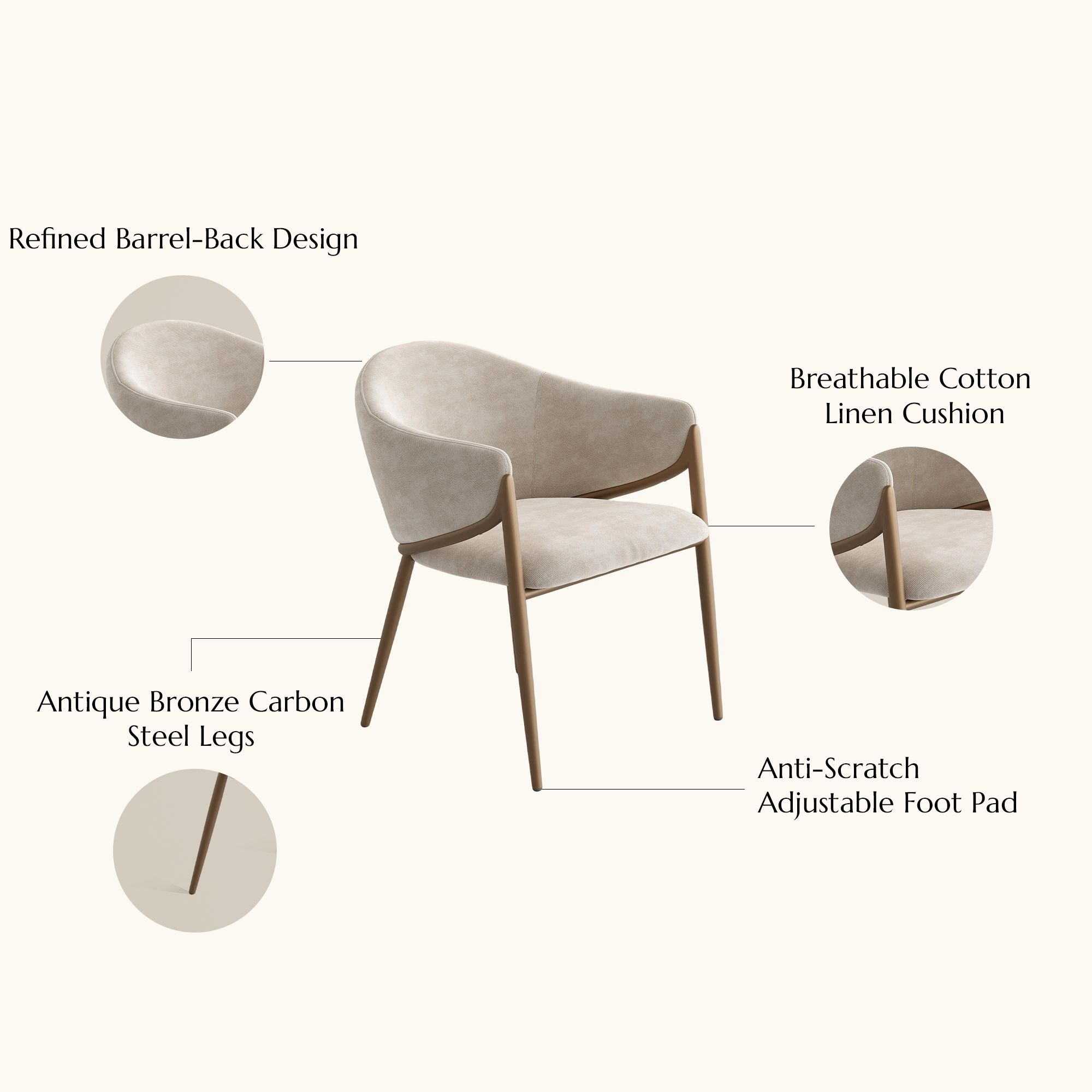 Carbon Steel Beige & Bronze Cotton Linen Dining Chairs