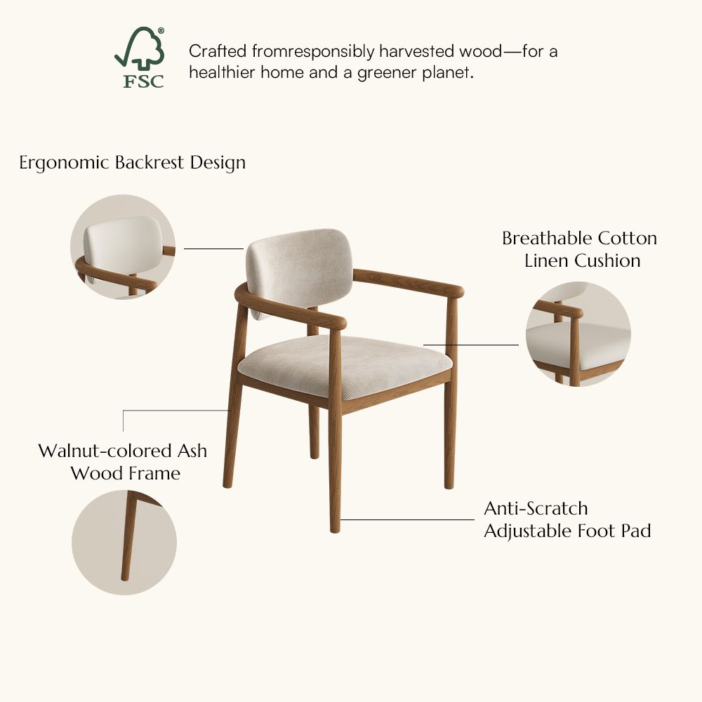 Armchairs Beige & Light Walnut Cotton Linen Dining Chairs