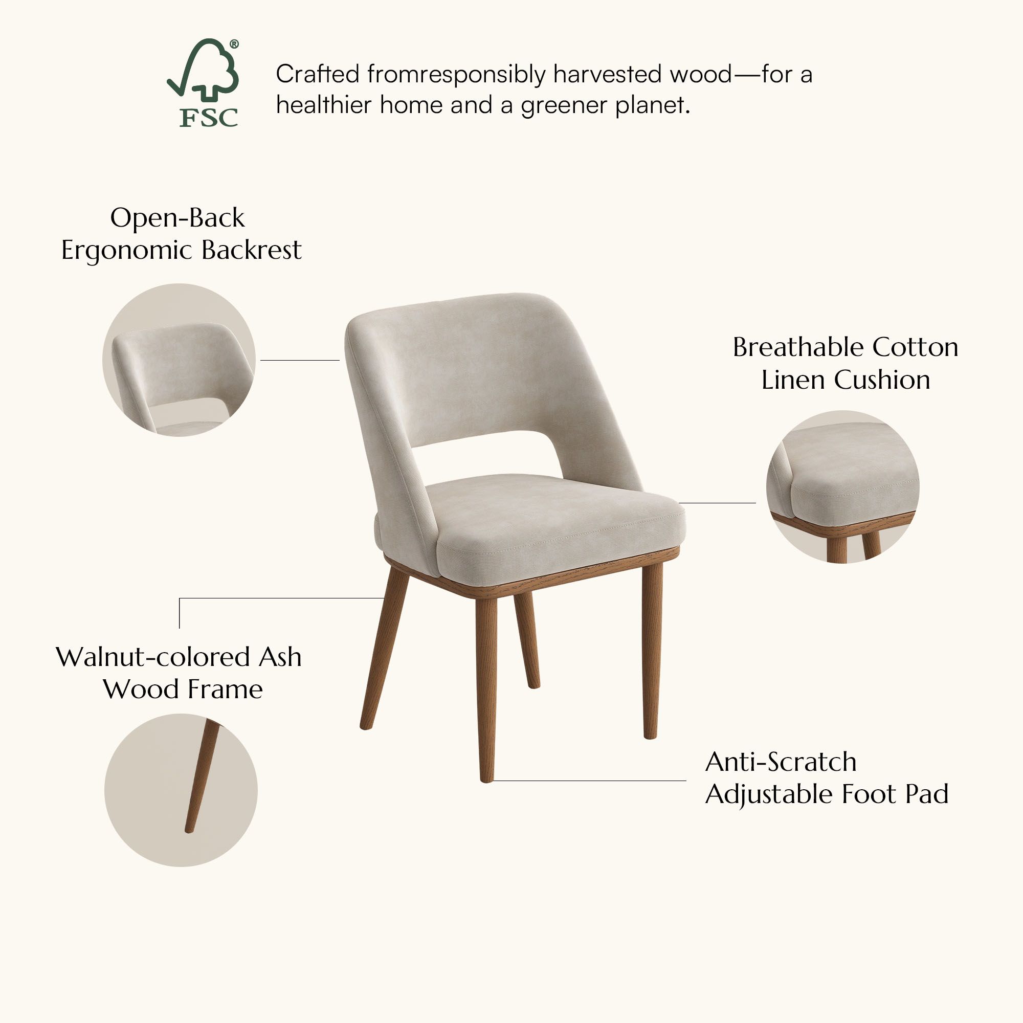 Mid Century Modern Beige & Light Walnut Cotton Linen Dining Chairs