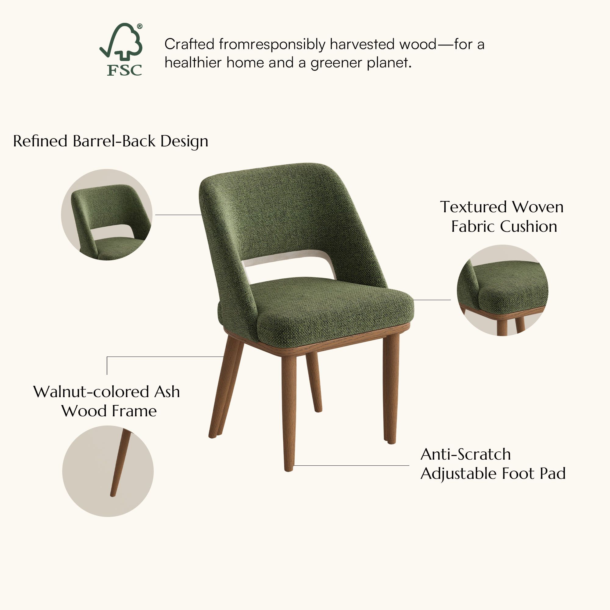 Mid Century Modern Green & Light Walnut Woven Fabric Dining Chairs