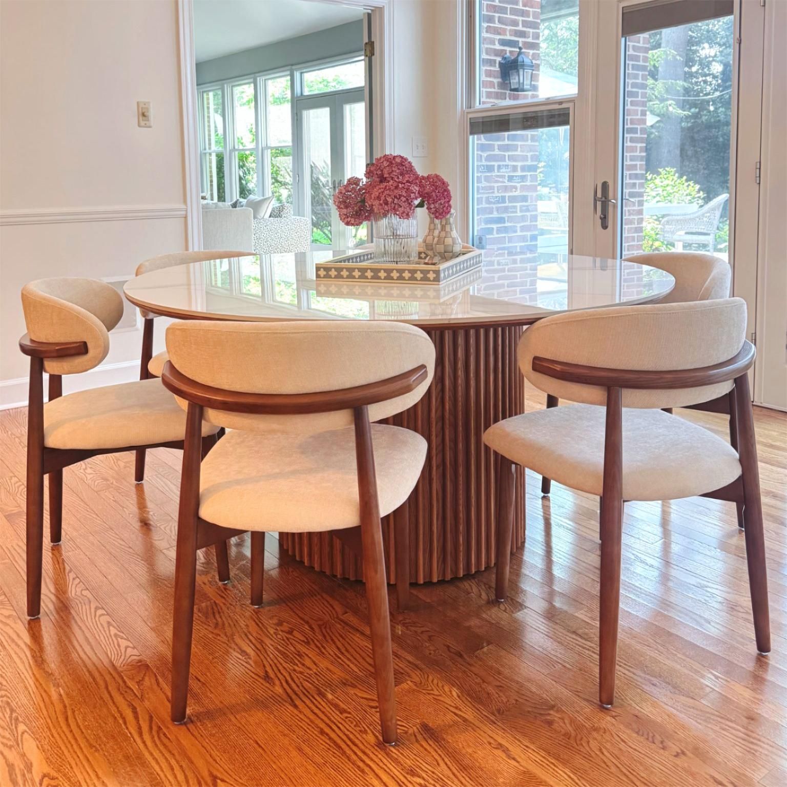 Beige Beige & Light Walnut Cotton Linen Dining Chairs