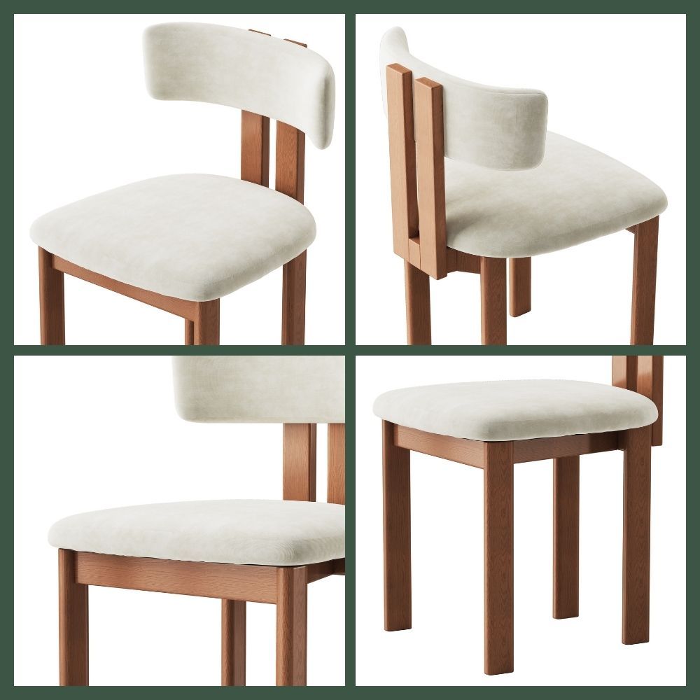 Mid Century Modern Beige & Light Walnut Cotton Linen Dining Chairs