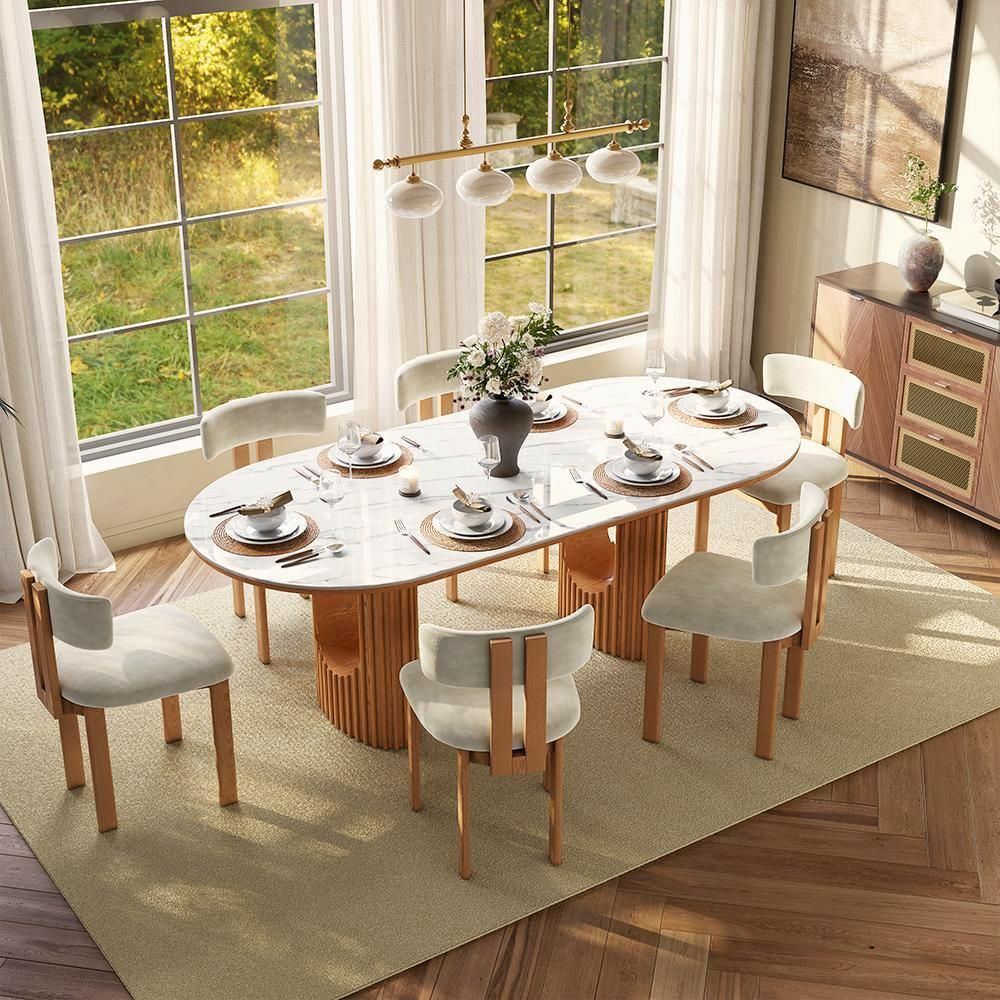 Side Chair Beige & Light Walnut Cotton Linen Dining Chairs