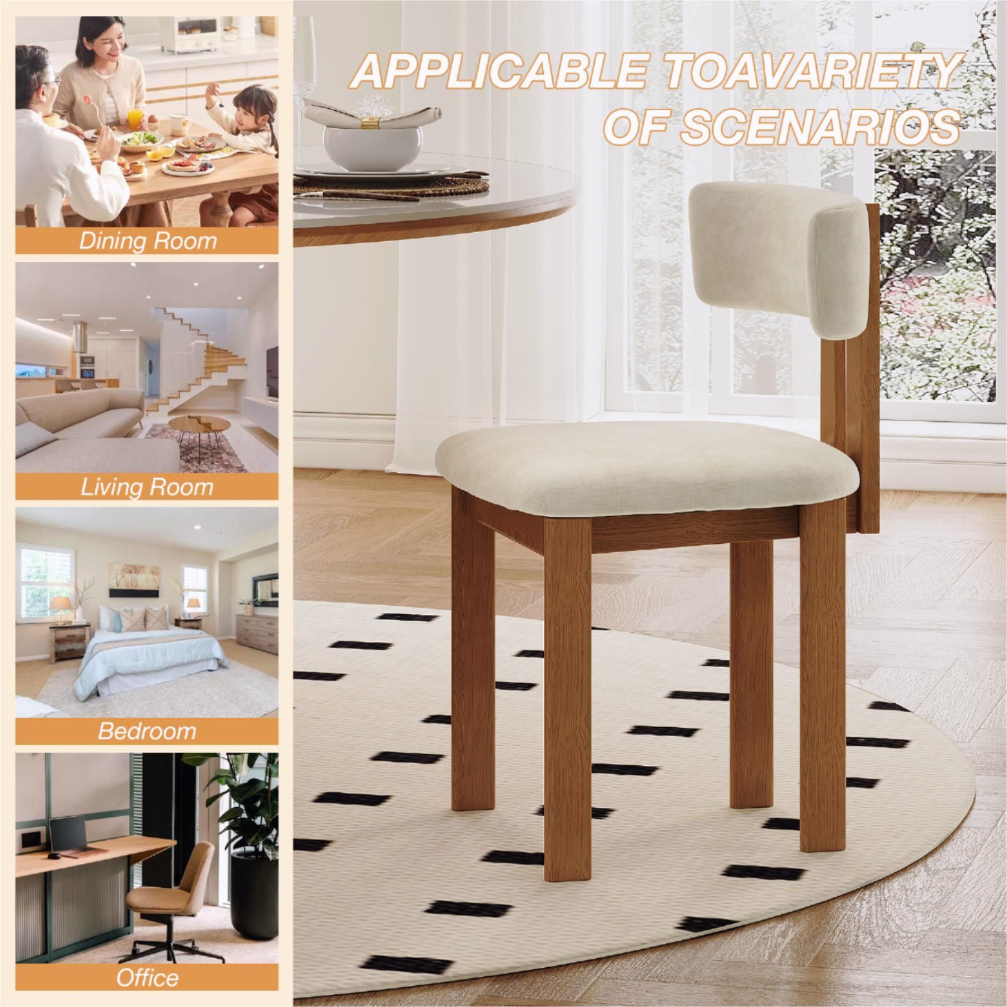 PU Leather Beige & Light Walnut Cotton Linen Dining Chairs