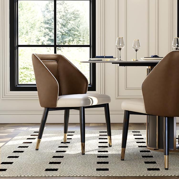Stainless Steel Beige & Brown PU Leather Dining Chairs