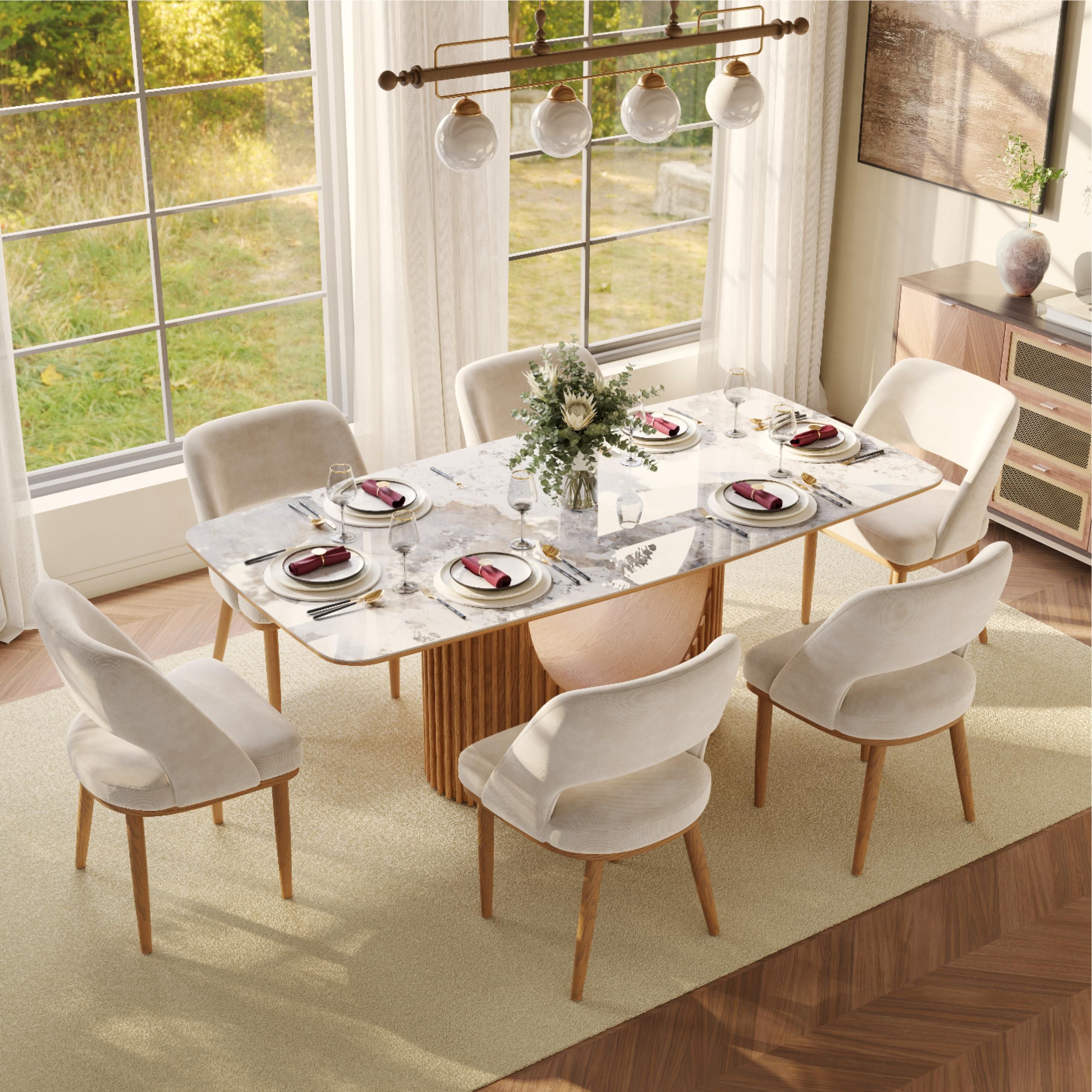 Beige Beige & Light Walnut Cotton Linen Dining Chairs