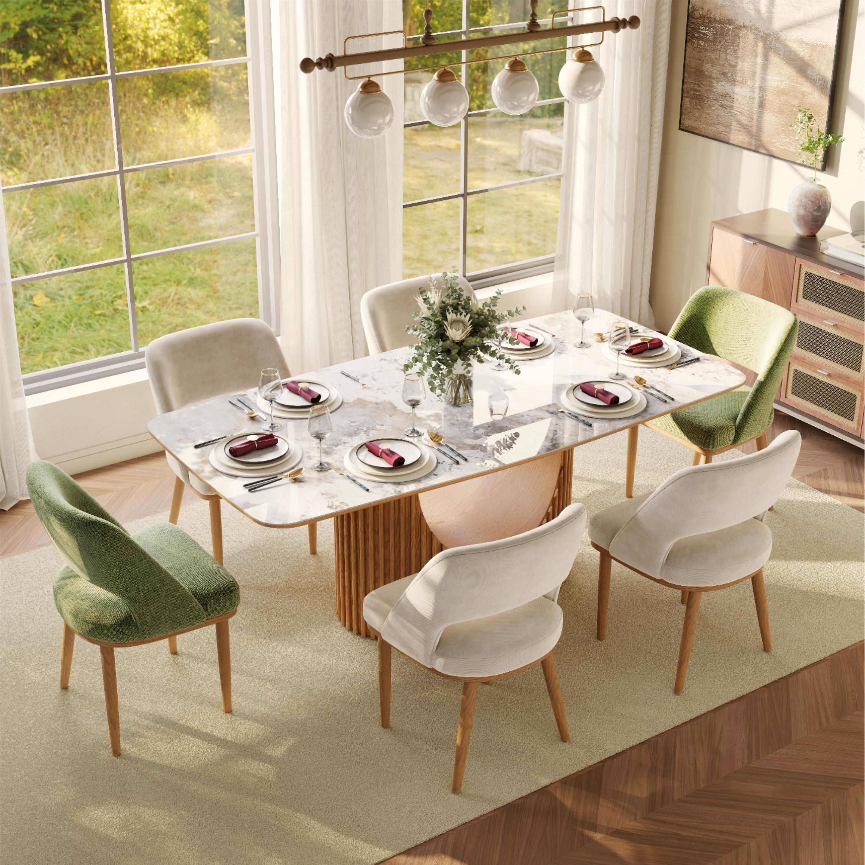 Side Chair Beige & Light Walnut Cotton Linen Dining Chairs