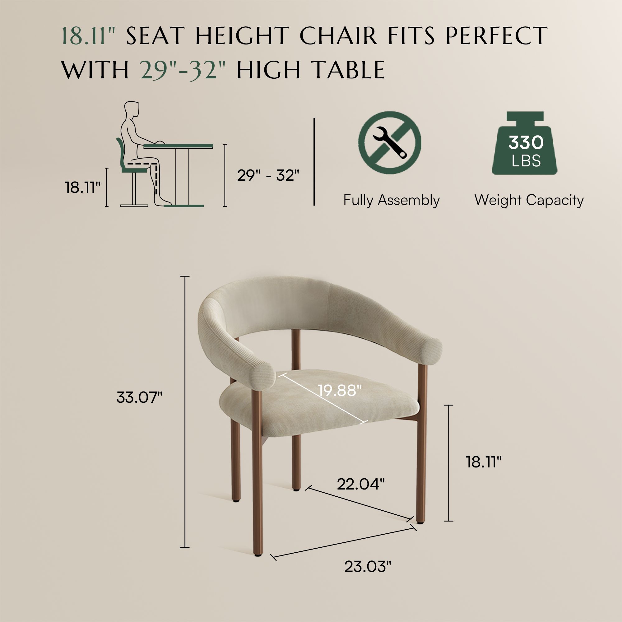 Green Beige & Bronze Cotton Linen Dining Chairs