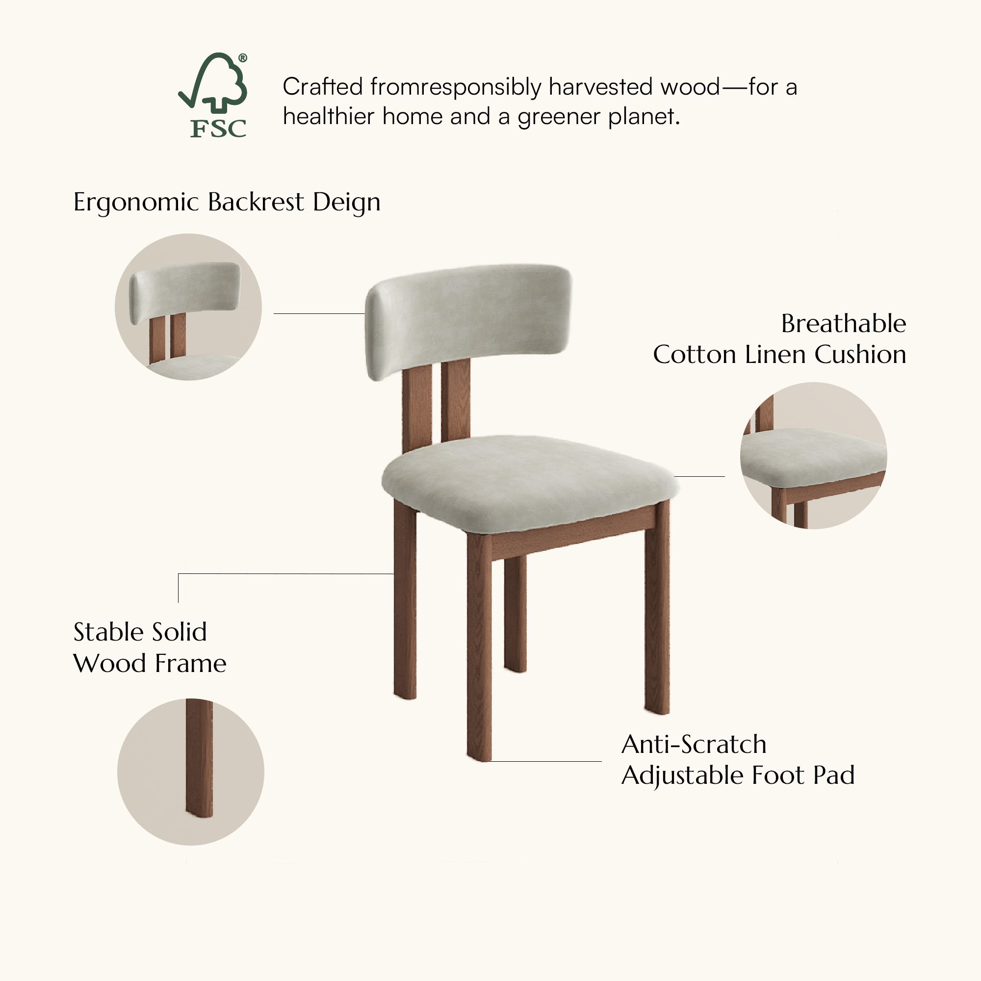 Solid Wood Beige & Light Walnut Cotton Linen Dining Chairs