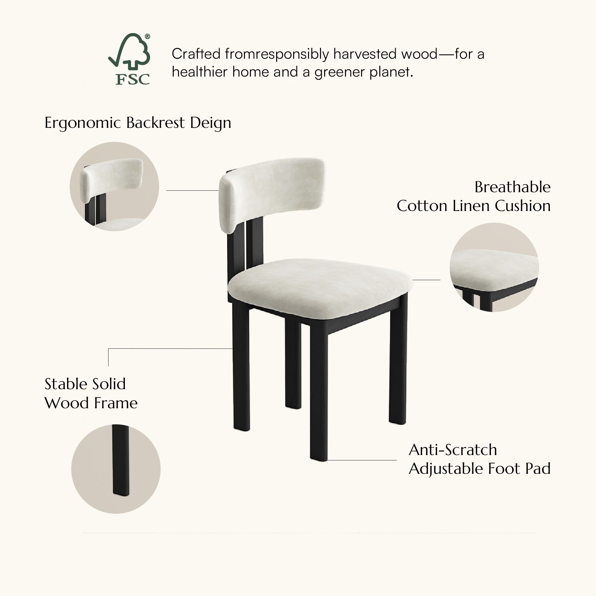 Fully Assembled Beige & Black Cotton Linen Dining Chairs