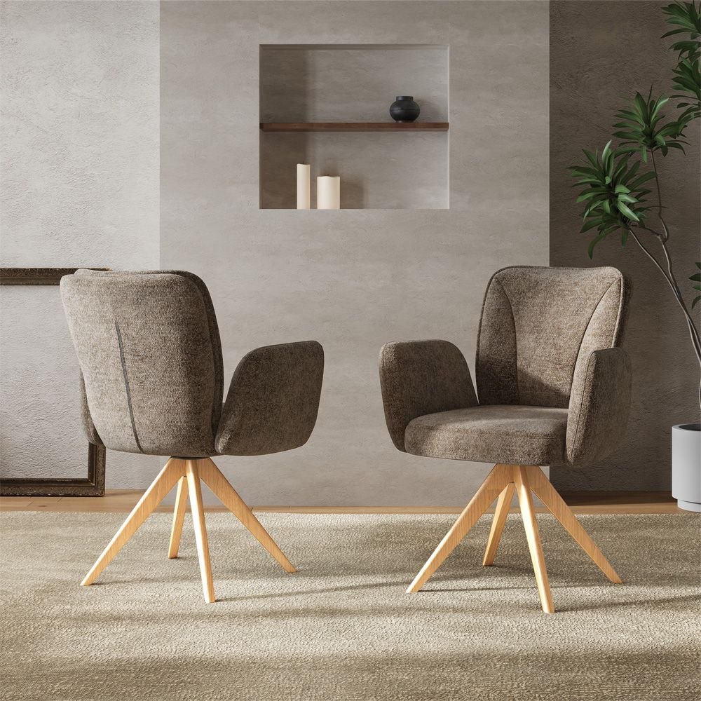 Swivel Brown & wood color Chenille Dining Chairs