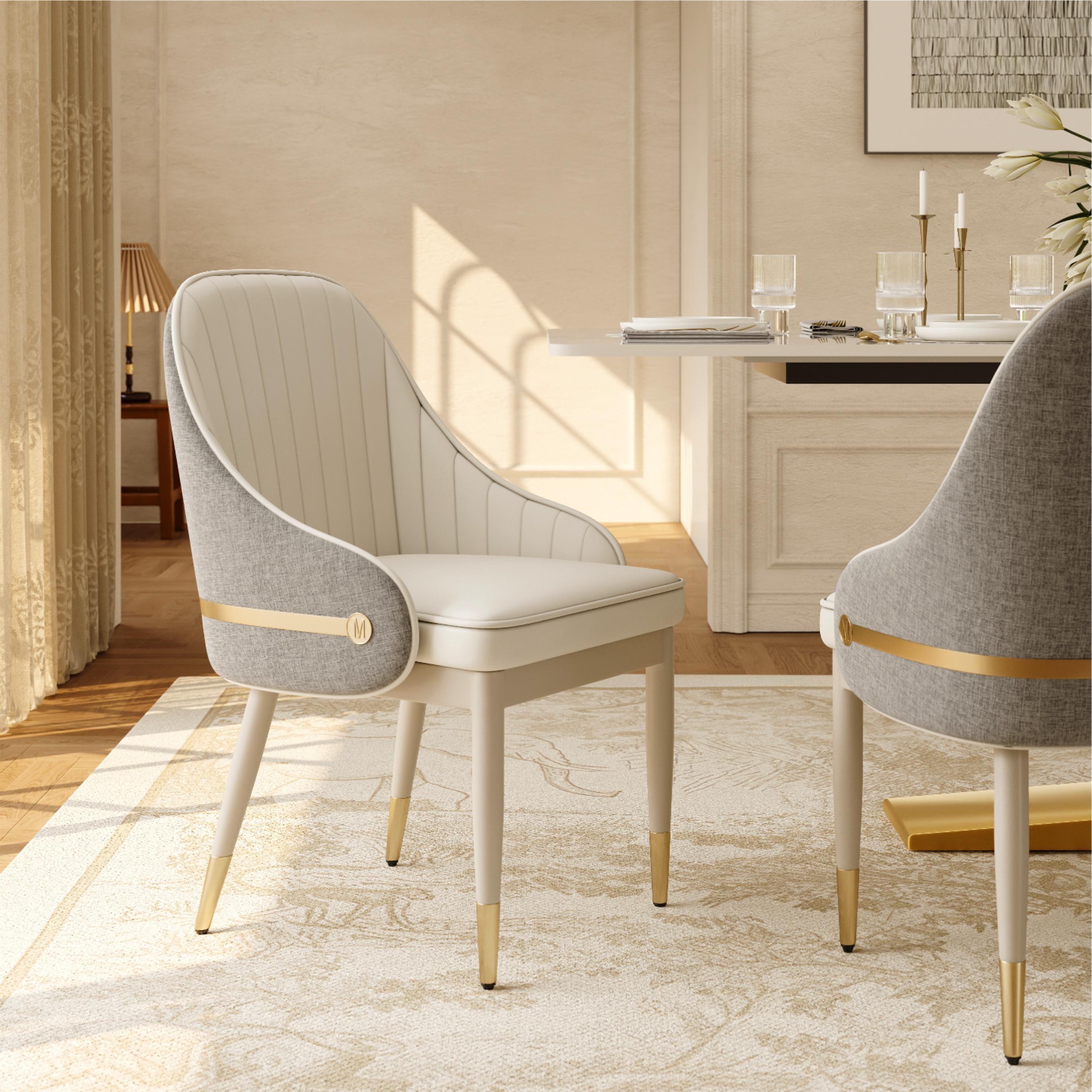 Side Chair Beige & Gray PU Leather & Cotton Linen Dining Chairs
