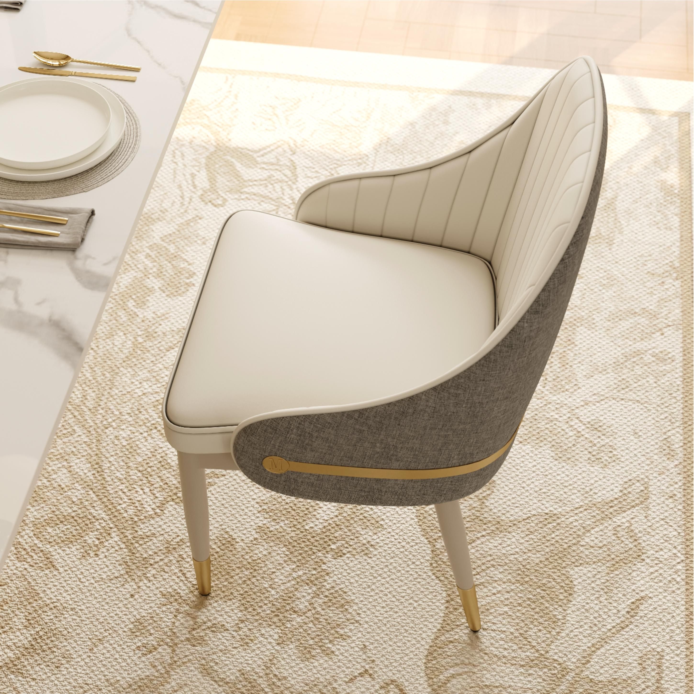 Carbon Steel Beige & Gray PU Leather & Cotton Linen Dining Chairs
