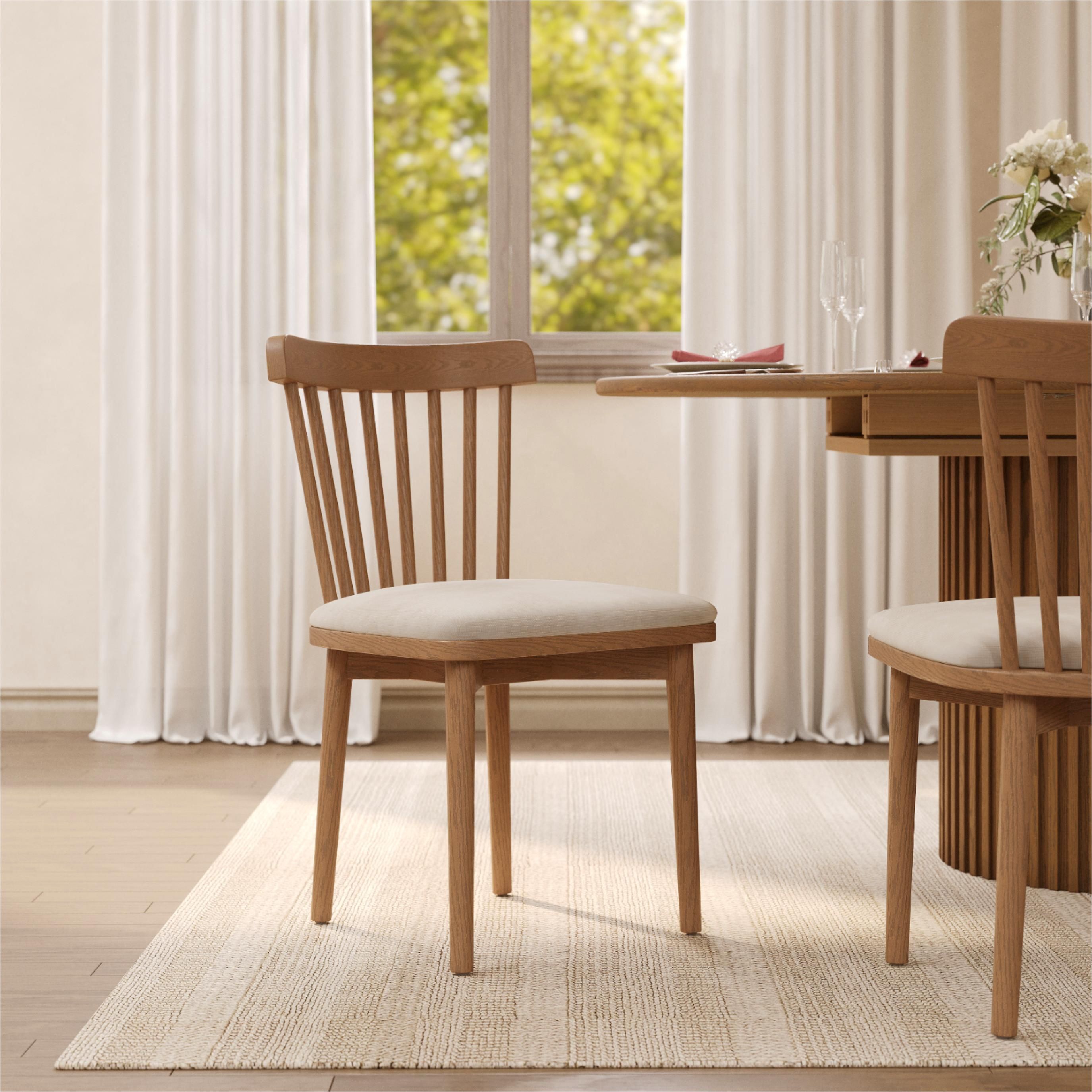 Beige & Walnut Cotton Linen Dining Chairs