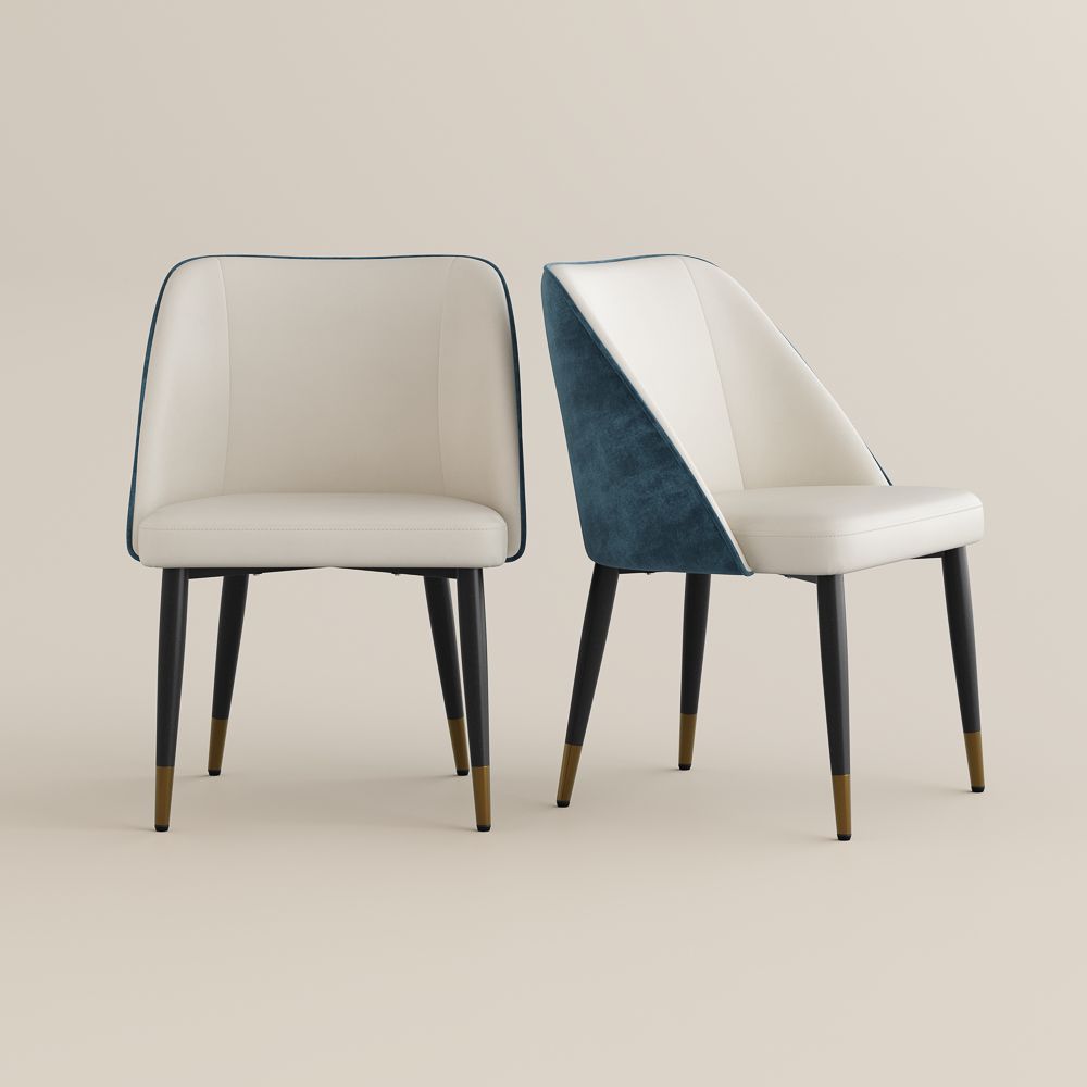 Beige & Blue PU Leather & Cotton Linen Dining Chairs