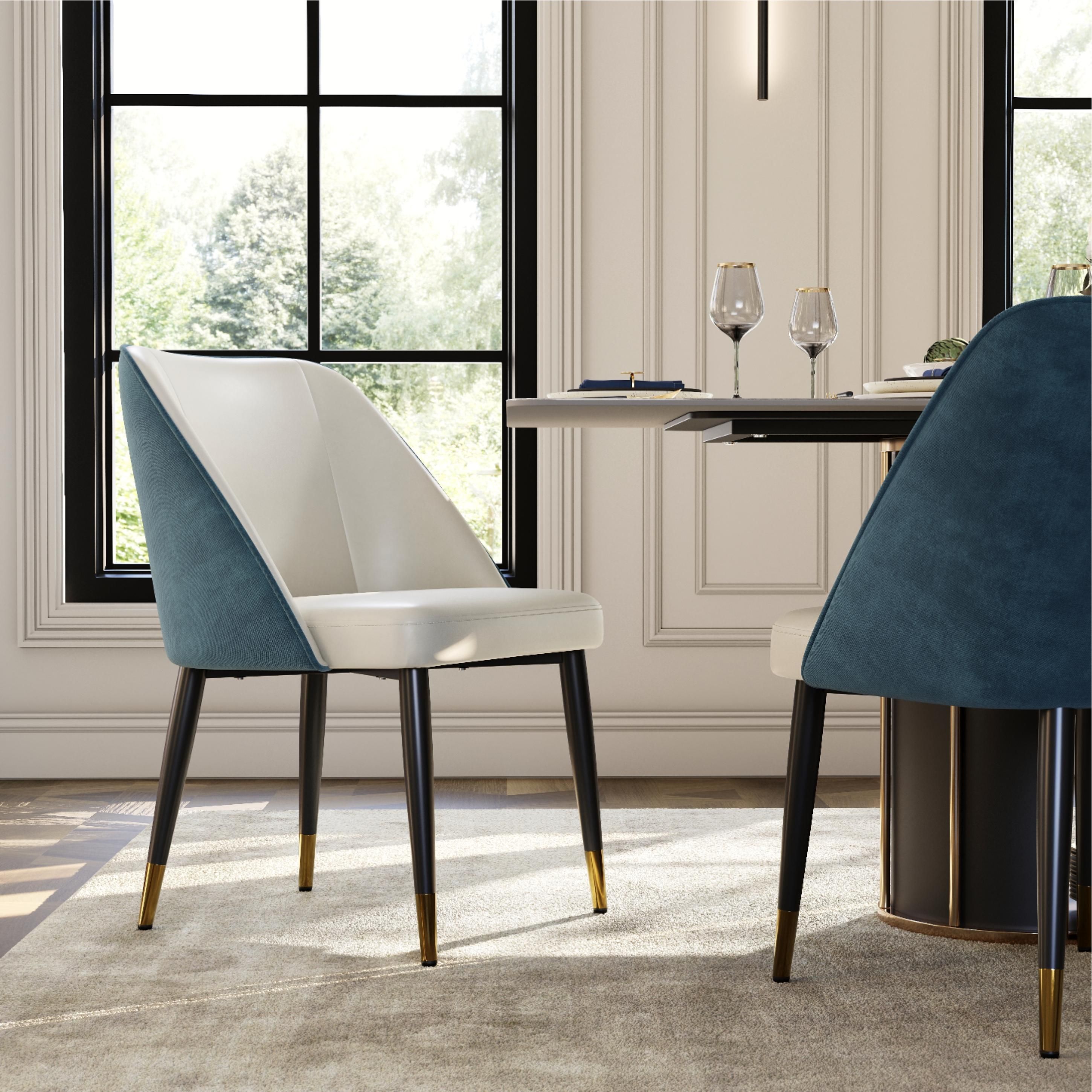 Beige & Blue PU Leather & Cotton Linen Dining Chairs