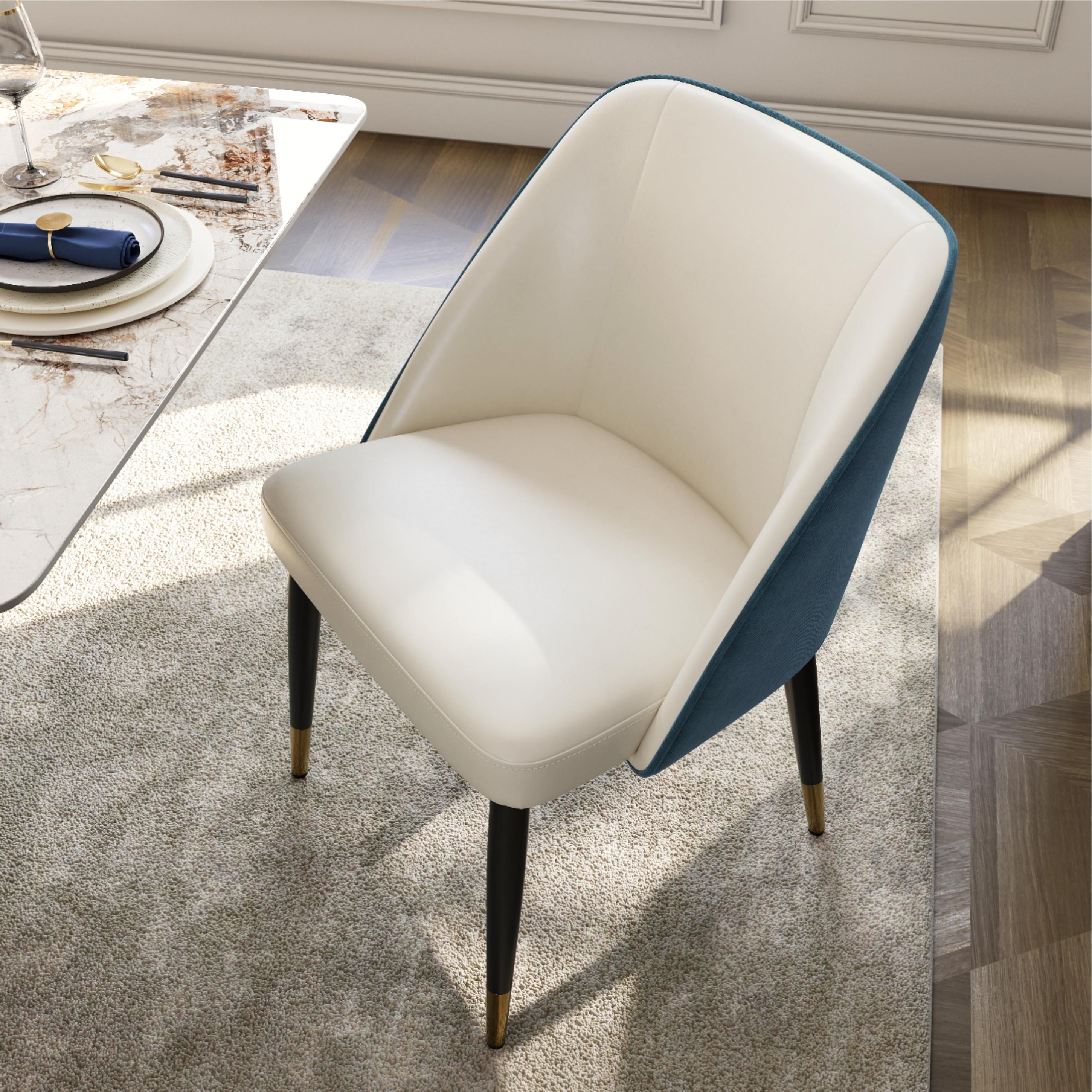 Beige & Blue PU Leather & Cotton Linen Dining Chairs