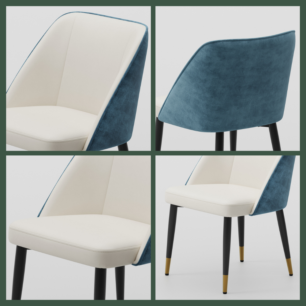 Beige & Blue PU Leather & Cotton Linen Dining Chairs