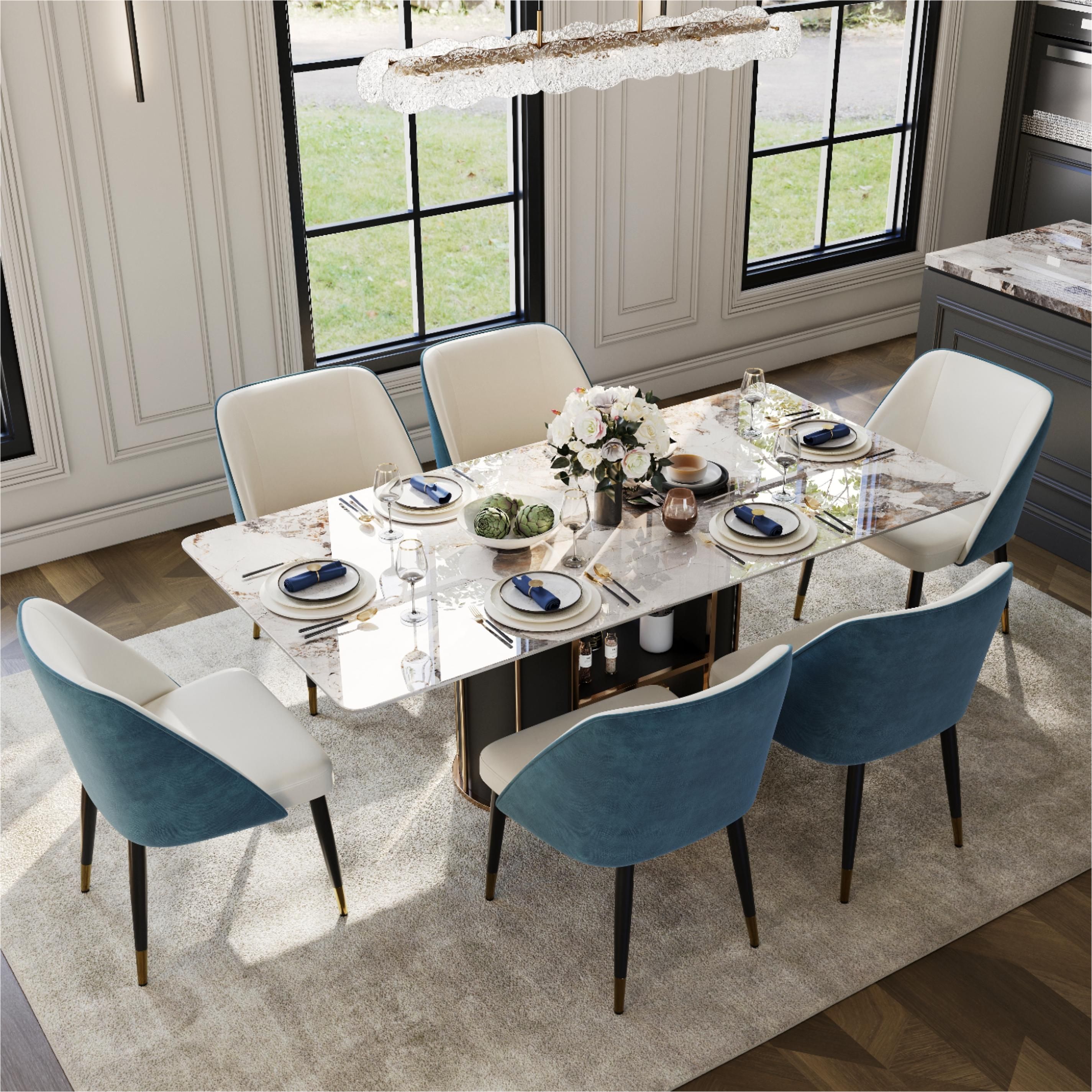 Beige & Blue PU Leather & Cotton Linen Dining Chairs