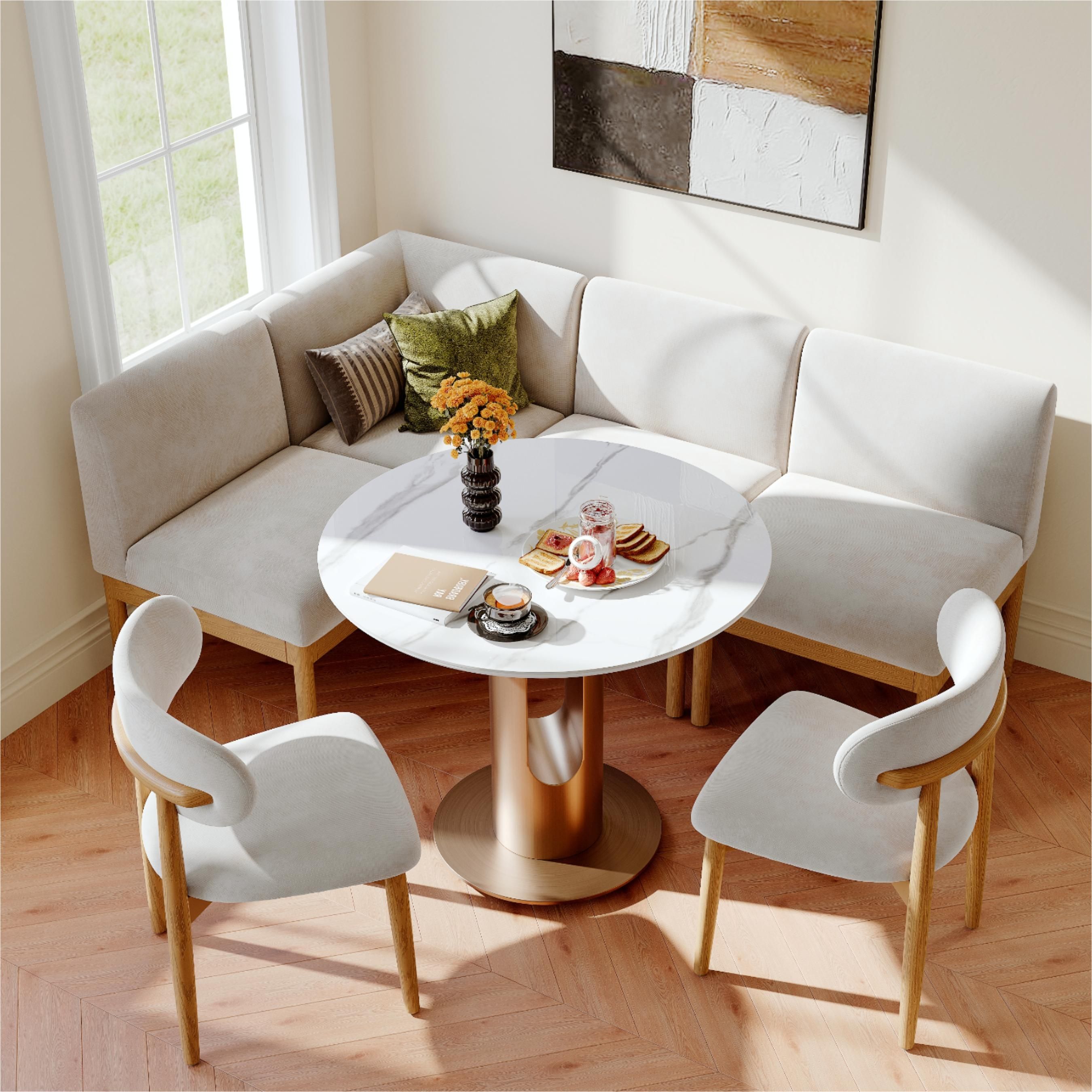 Beige & Light Walnut Cotton Linen & Ash Wood Dining Chairs