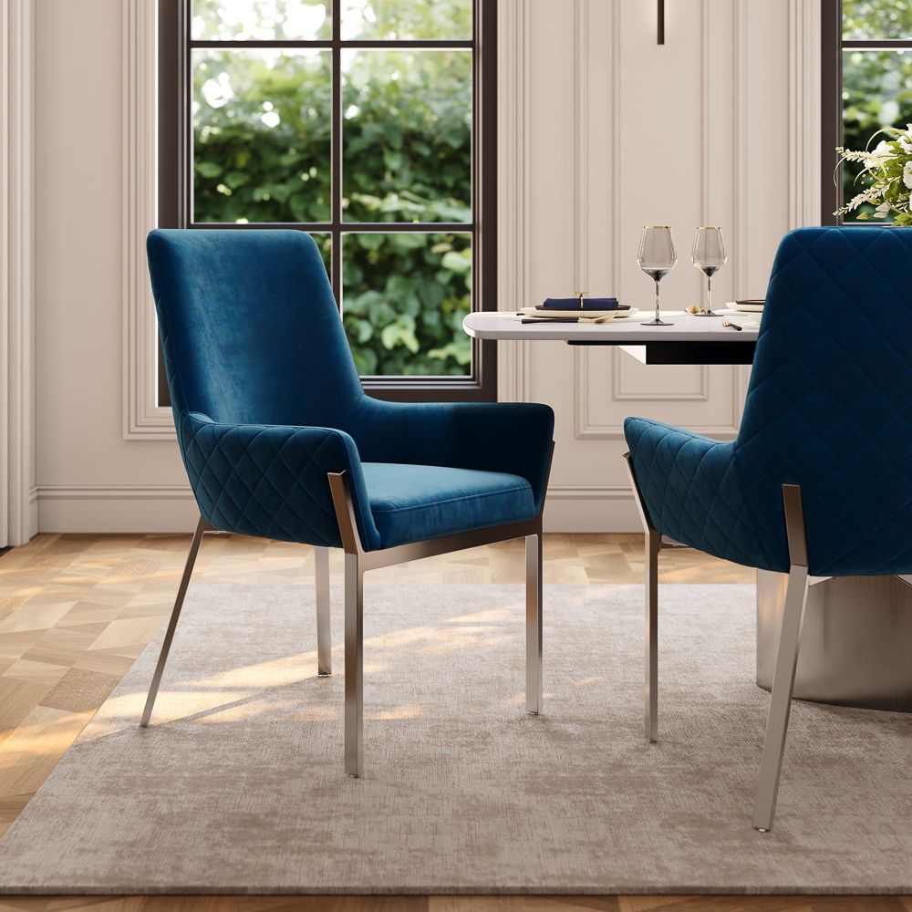 Metal Leg Blue & Silver Flannel Dining Chairs