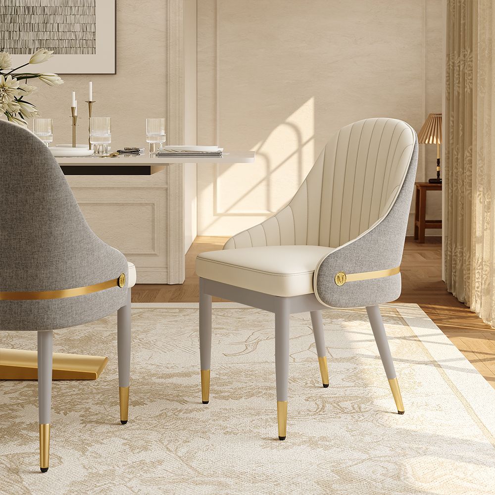 Beige Beige & Gray PU Leather & Cotton Linen Dining Chairs