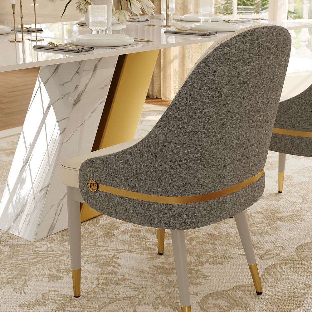 Carbon Steel Beige & Gray PU Leather & Cotton Linen Dining Chairs