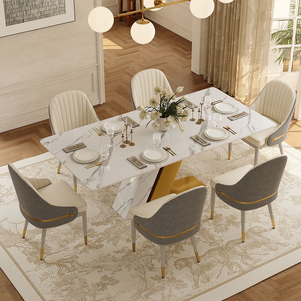 Side Chair Beige & Gray PU Leather & Cotton Linen Dining Chairs