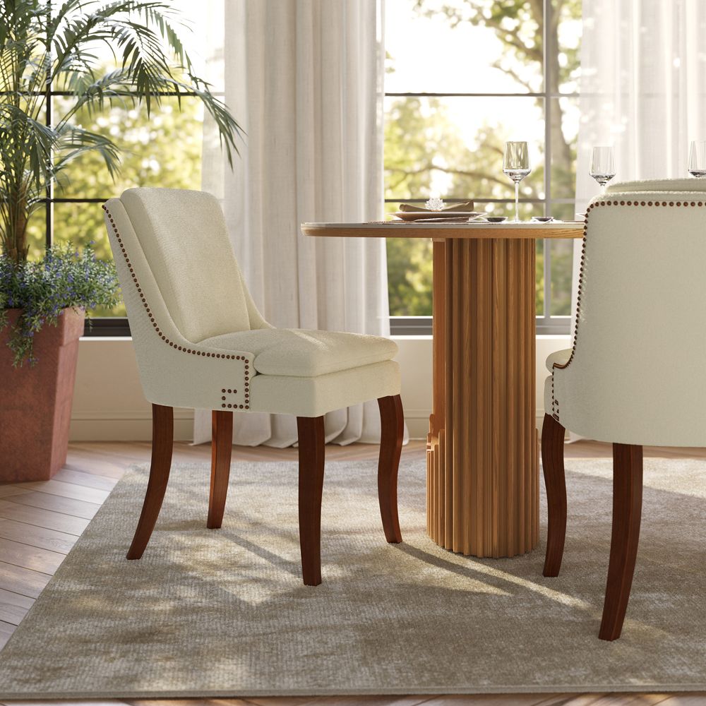 Vintage Beige & Walnut Chenille Dining Chairs