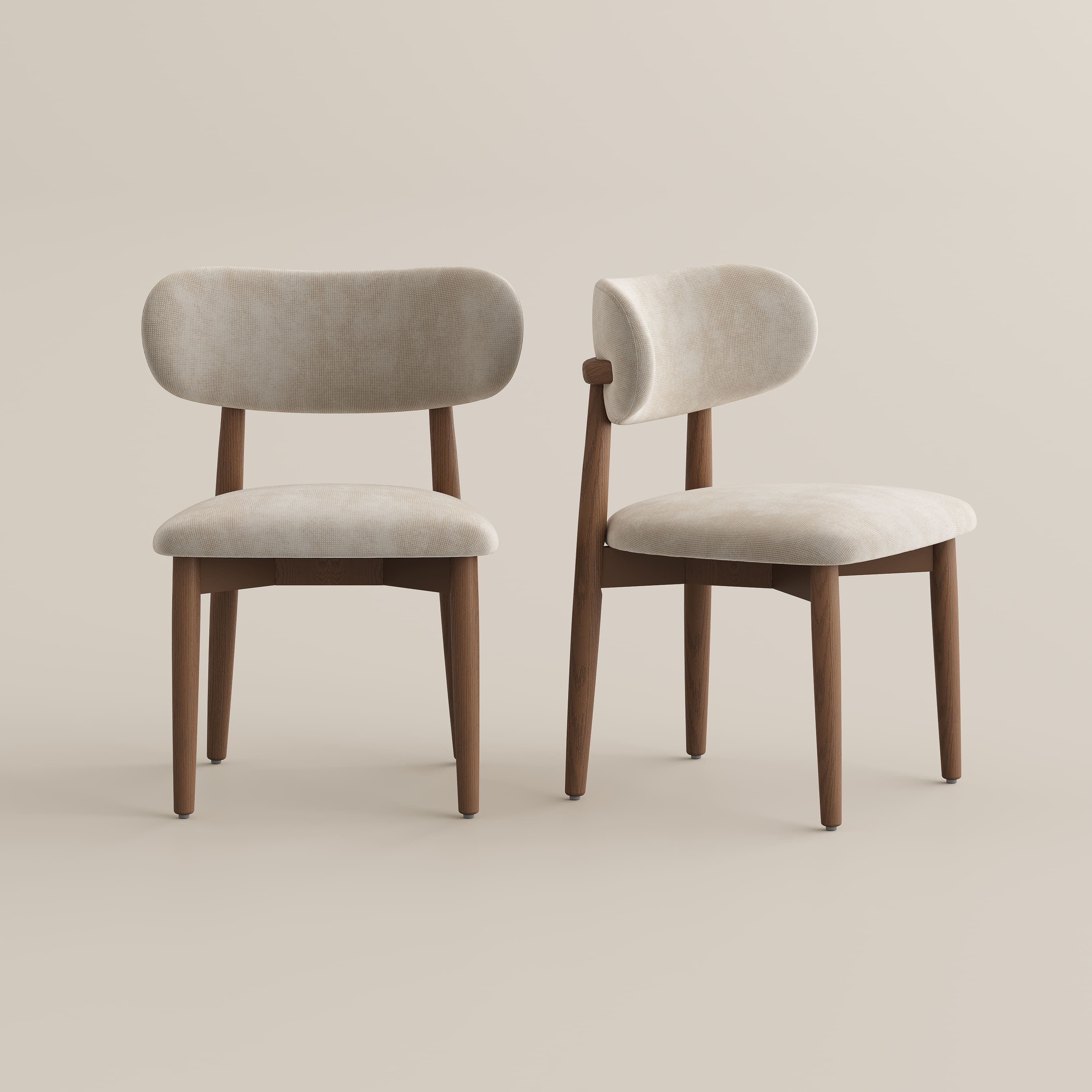 Open Back Beige & Light Walnut Cotton Linen Dining Chairs