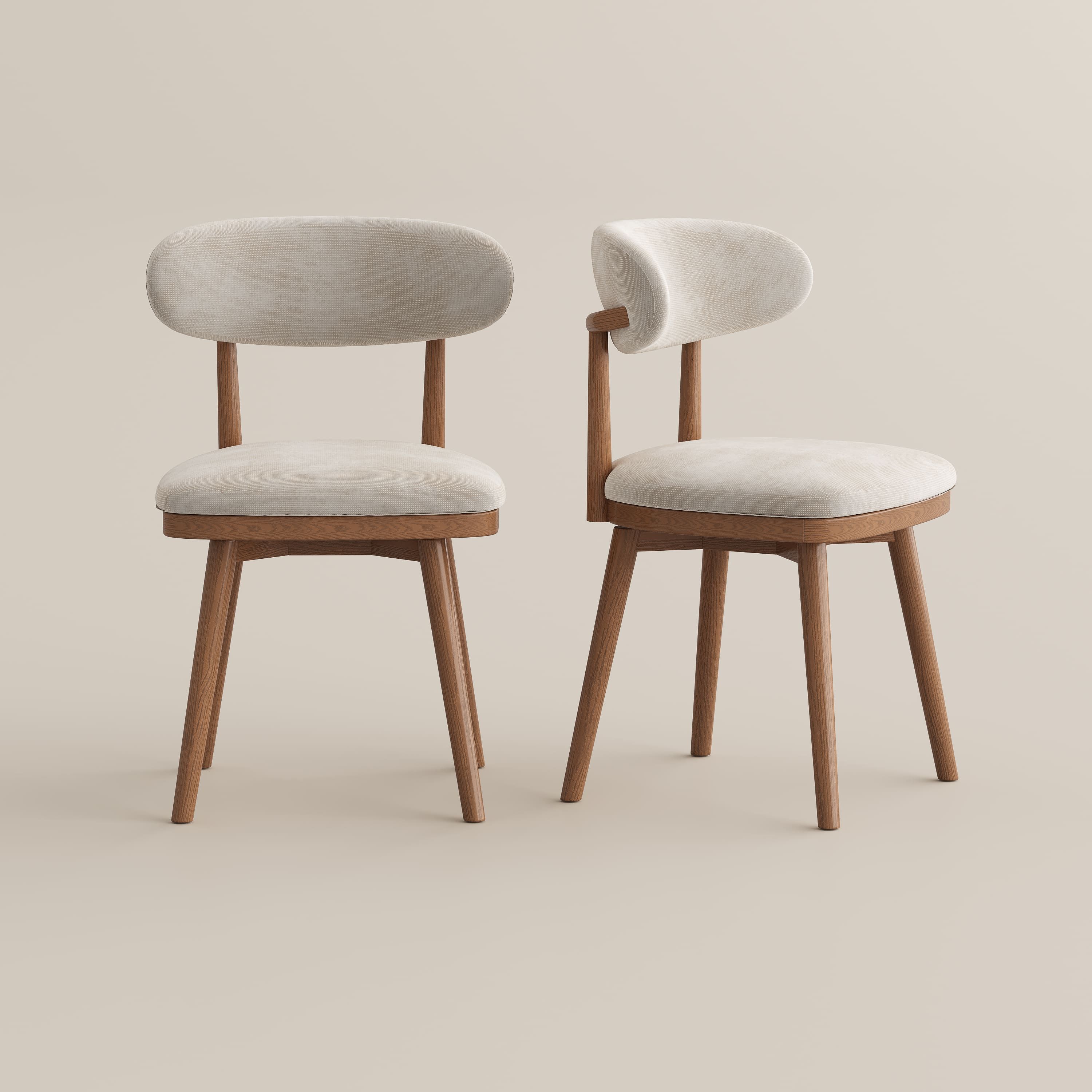 Mid Century Modern Beige & Light Walnut Cotton Linen Dining Chairs