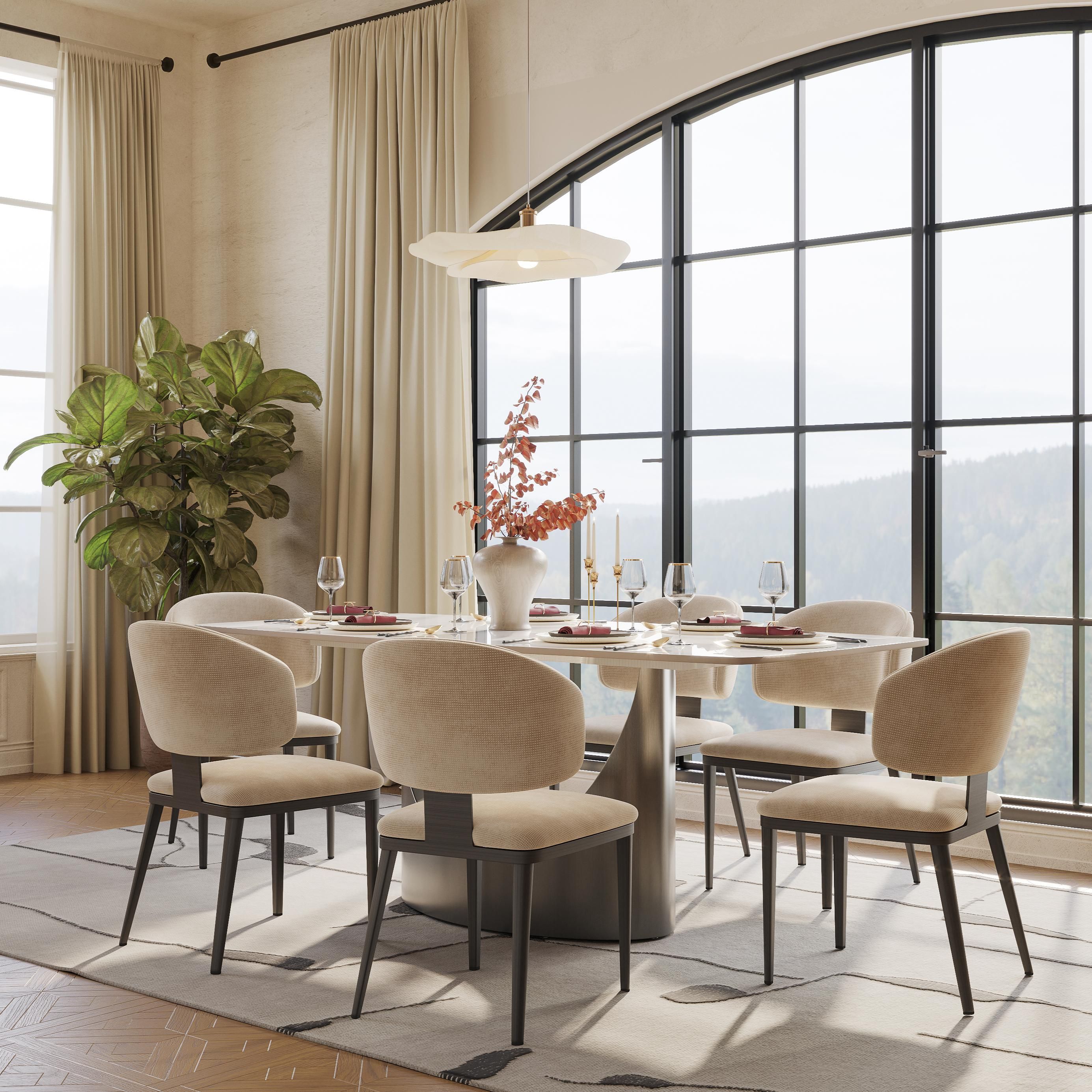 Mid Century Modern Beige & Black Cotton Linen Dining Chairs