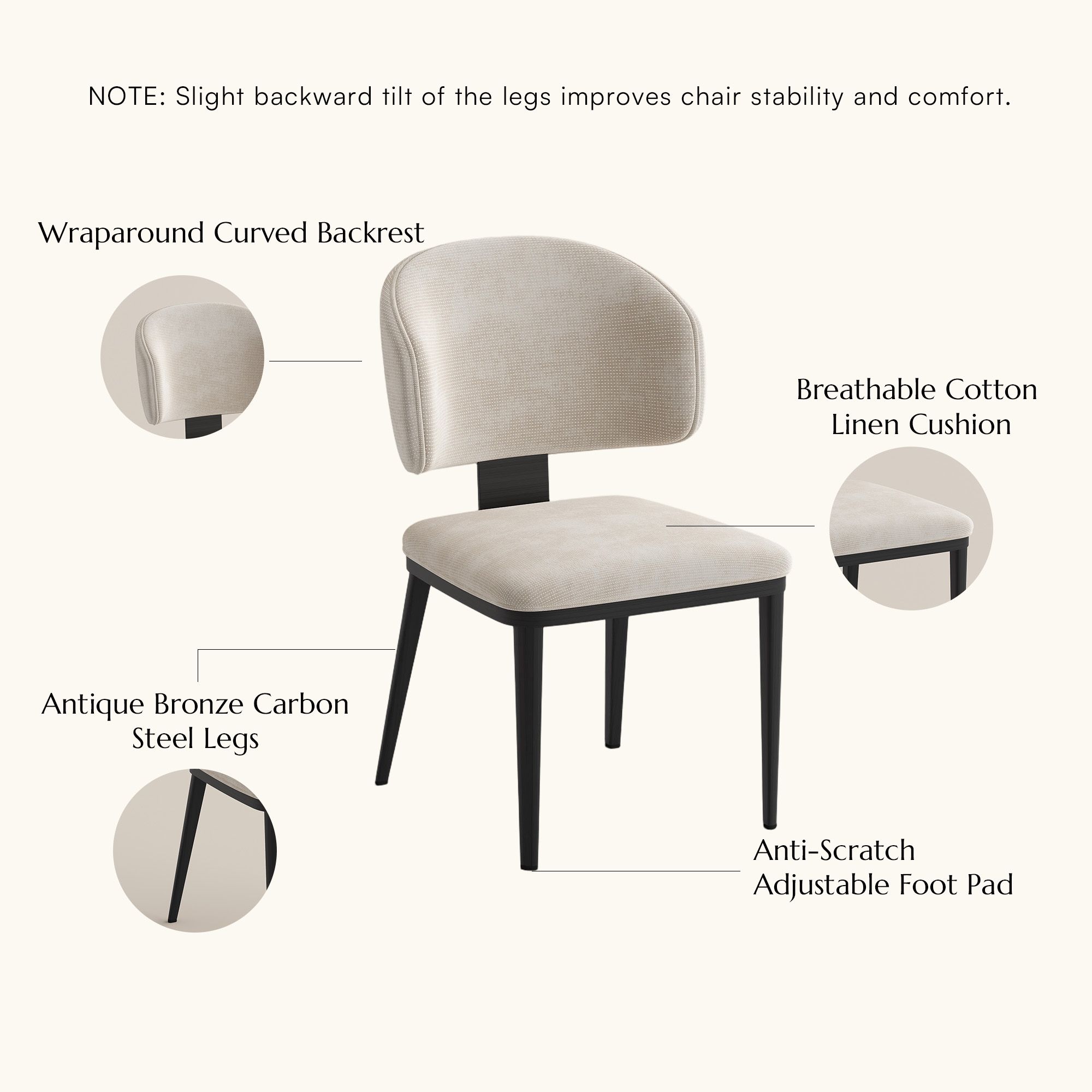 Upholstered Beige & Black Cotton Linen Dining Chairs