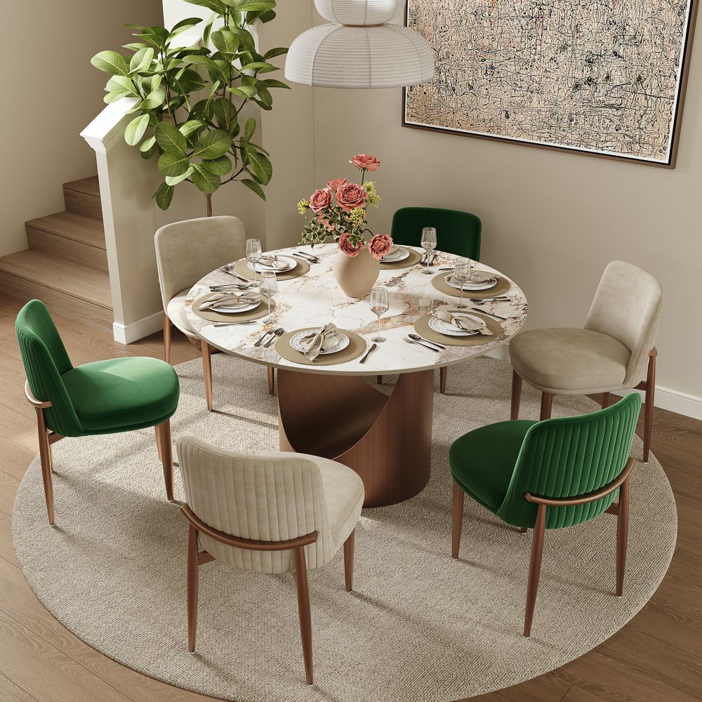 Beige Green & Bronze Velvet Dining Chairs