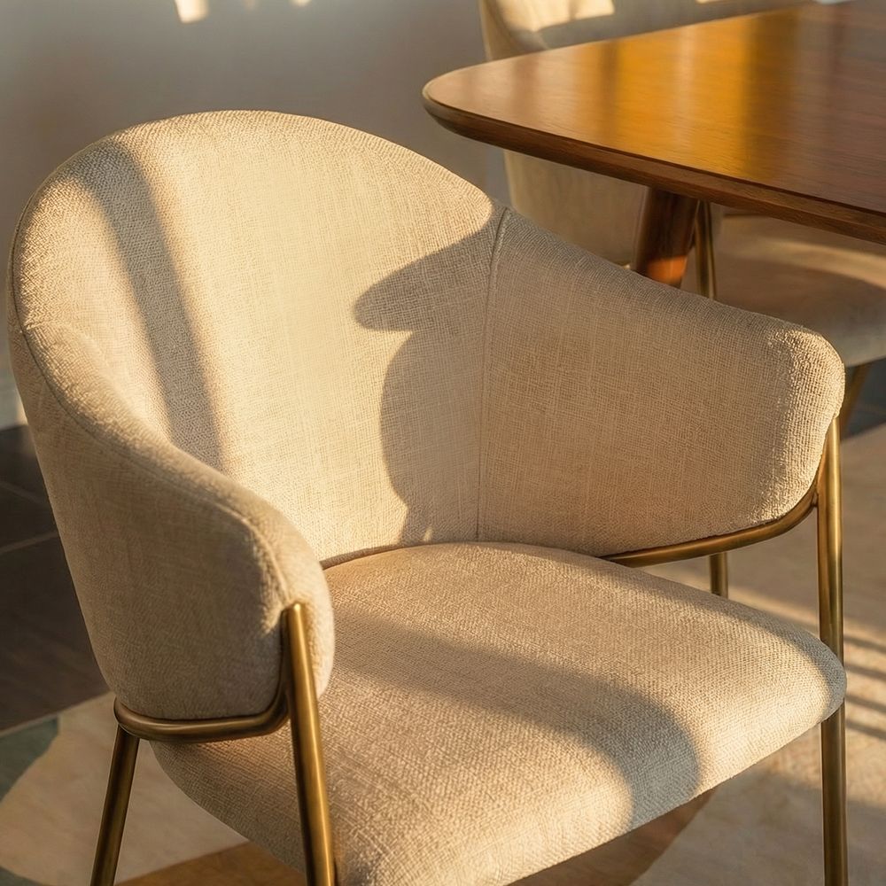 Modern Luxury Beige & Bronze Cotton Linen Dining Chairs