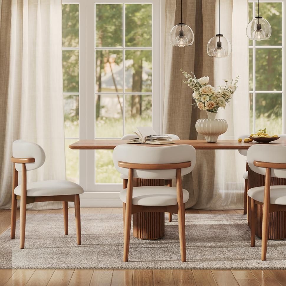 Solid Wood Beige & Light Walnut PU Leather Dining Chairs