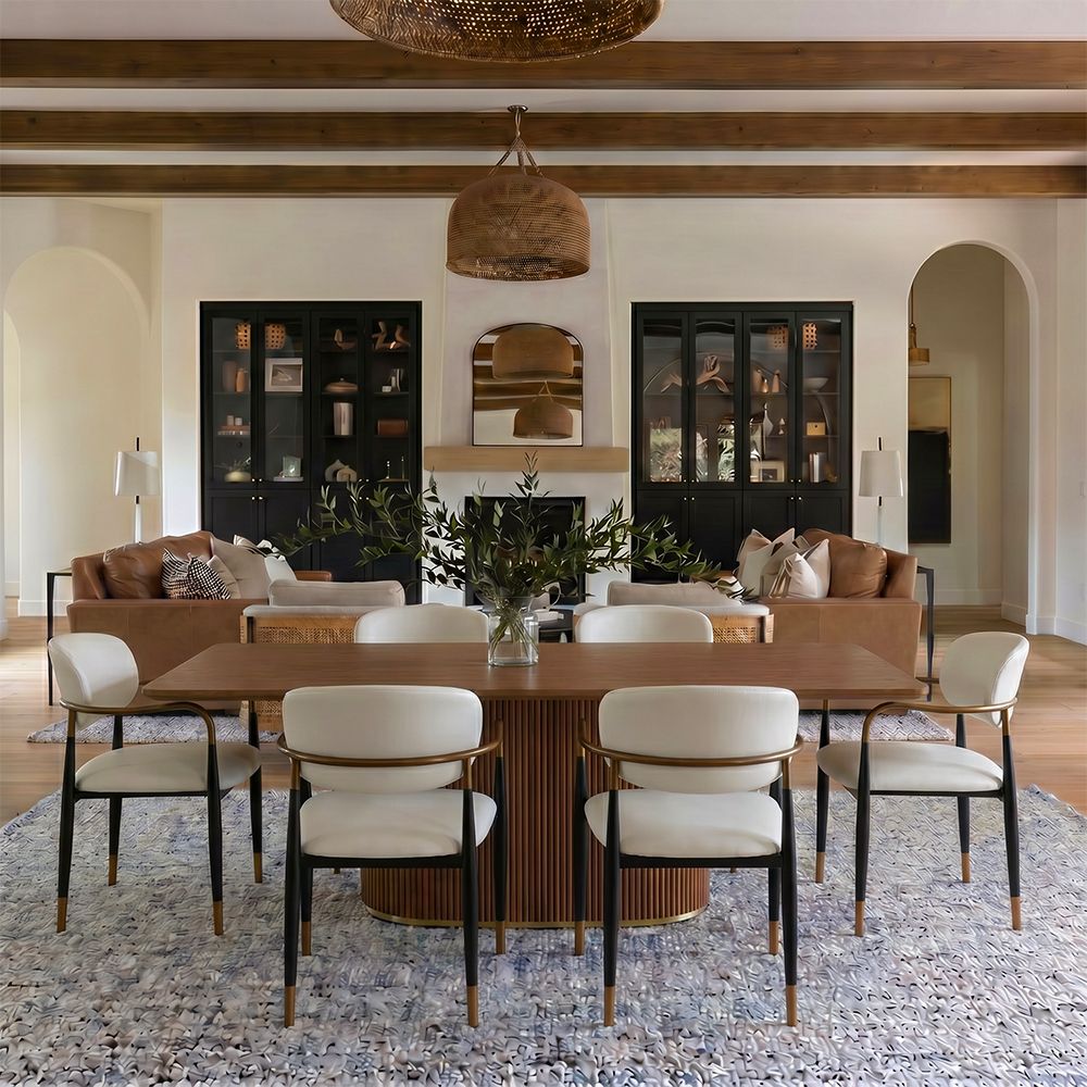 Cotton Linen Beige & Black PU Leather Dining Chairs