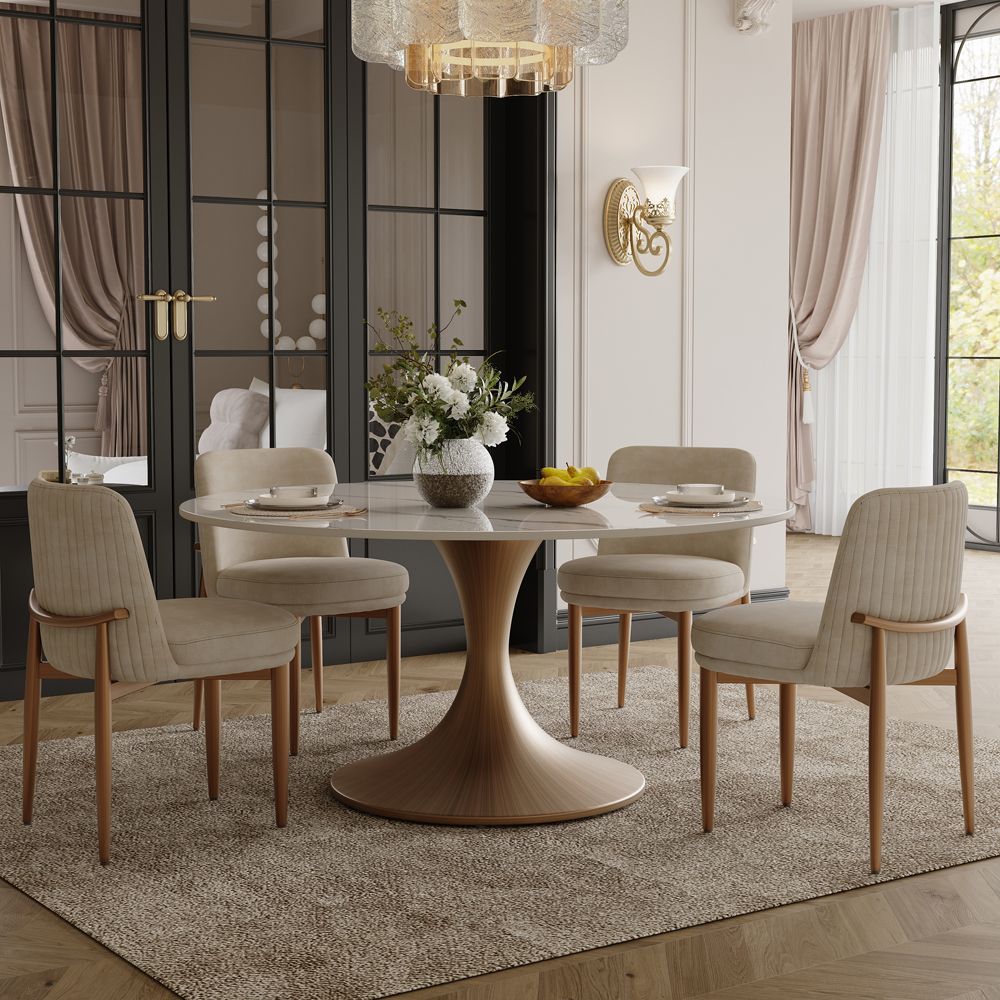 Upholstered Beige & Bronze Cotton Linen Dining Chairs