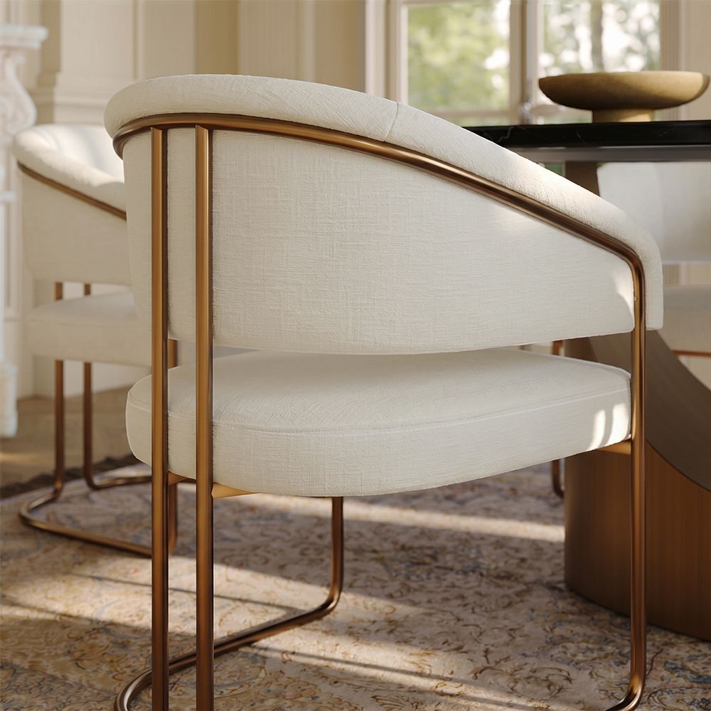 Metal Leg White Chenille Fabric Dining Chairs