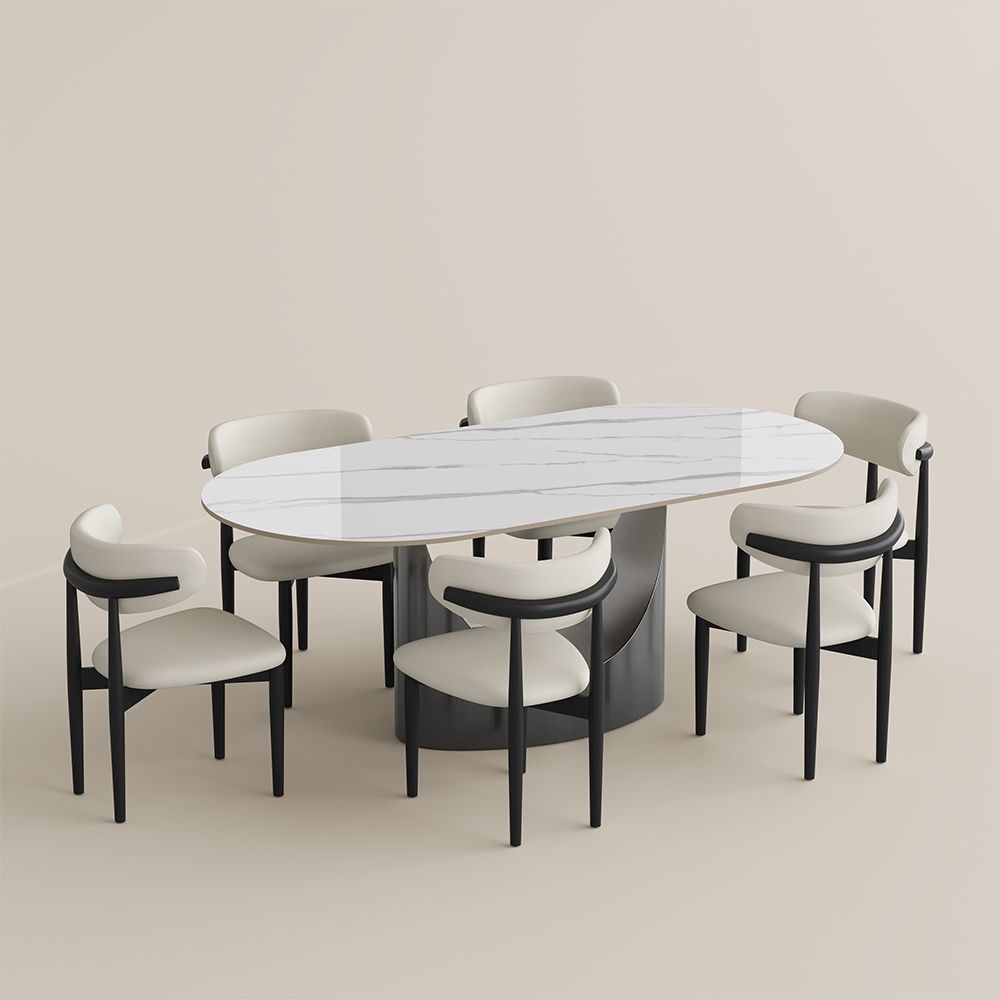 PU Leather White Glossy Sintered Stone Dining Room Set