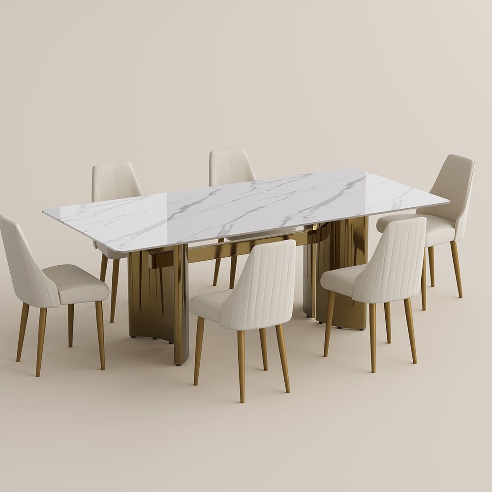 Stainless Steel White Glossy Sintered Stone Dining Room Set