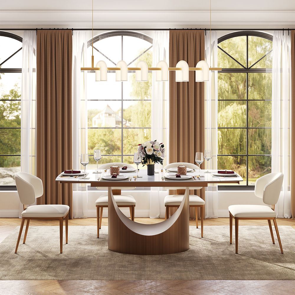 Modern White & Bronze Glossy Sintered Stone Dining Room Set
