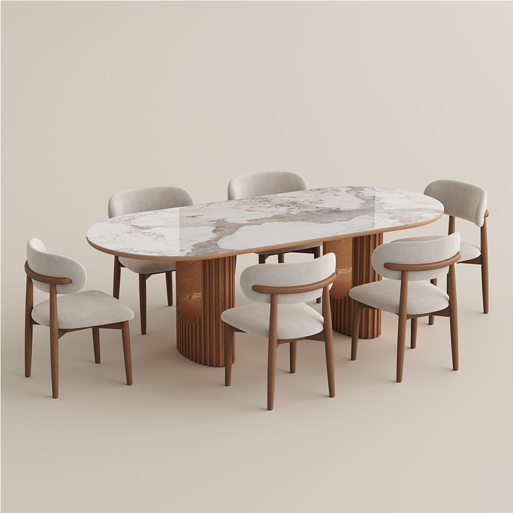 Wood Pandora Glossy Sintered Stone Dining Room Set