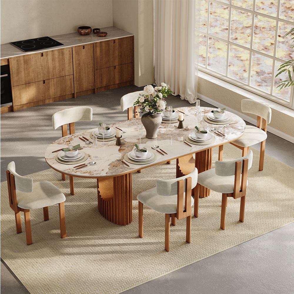 Wood Pandora Glossy Sintered Stone Dining Room Set