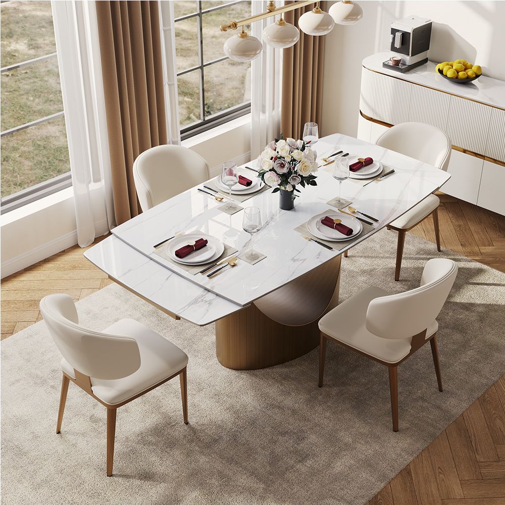 Modern Luxury White & Bronze Glossy Sintered Stone Dining Room Set