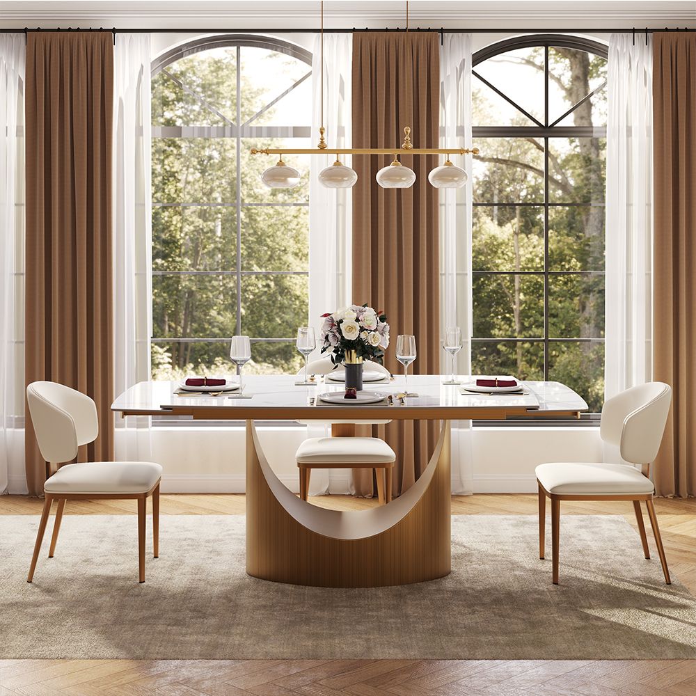 Modern White & Bronze Glossy Sintered Stone Dining Room Set
