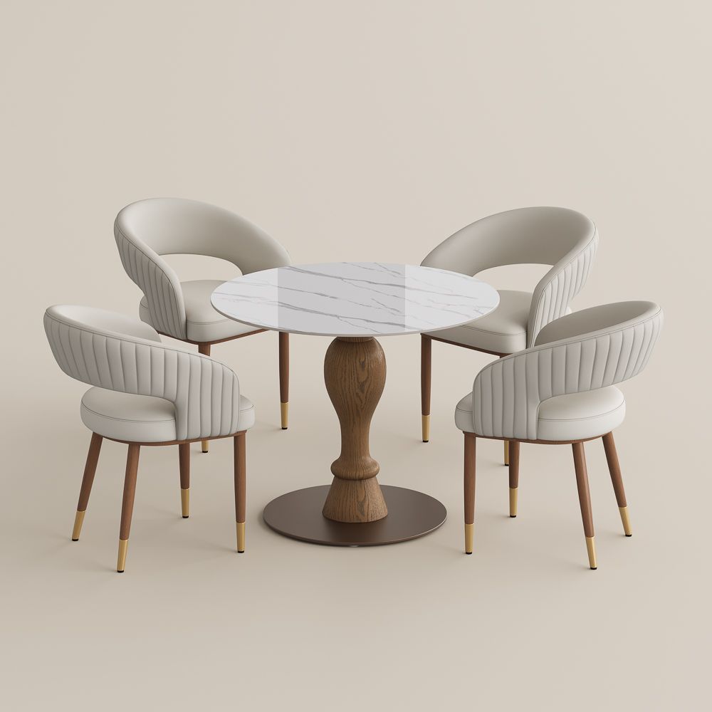 Mid Century White Glossy Sintered Stone Dining Room Set