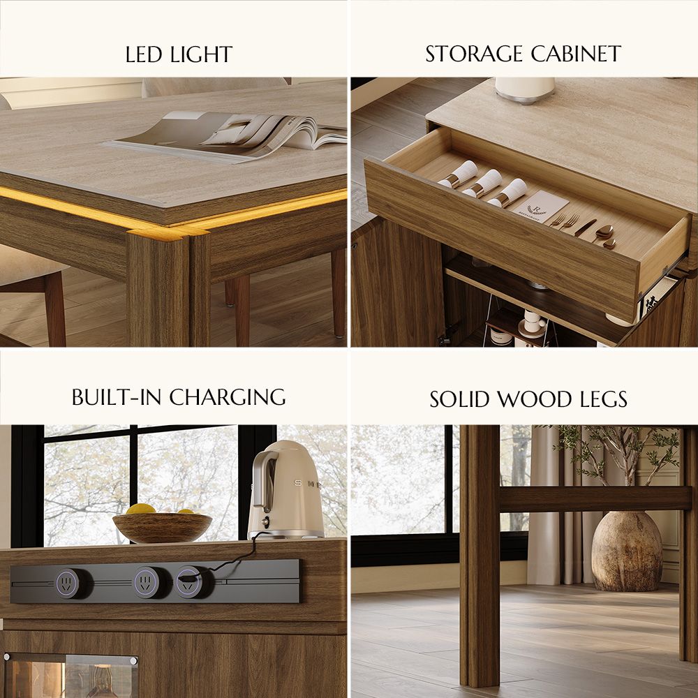 MDF & Solid Wood Travertine Matte Sintered Stone Dining Room Set