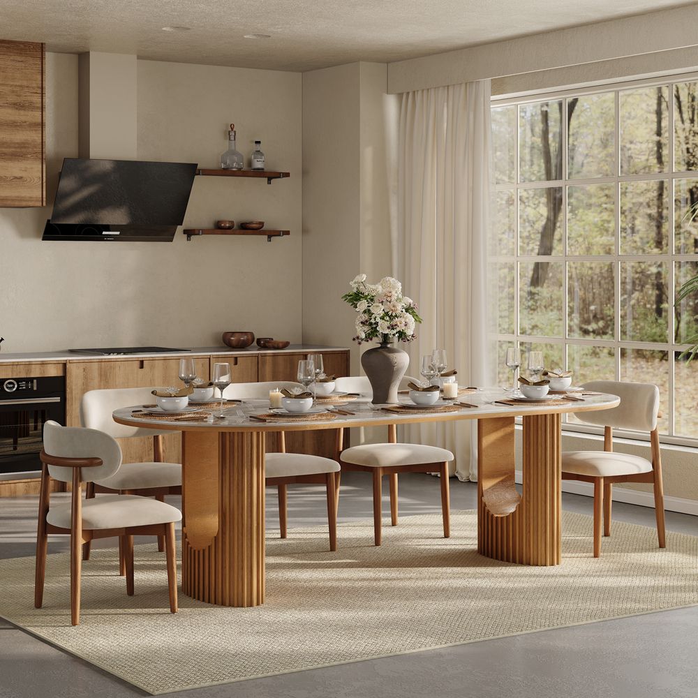 Mid Century Modern Pandora Glossy Sintered Stone Dining Room Set