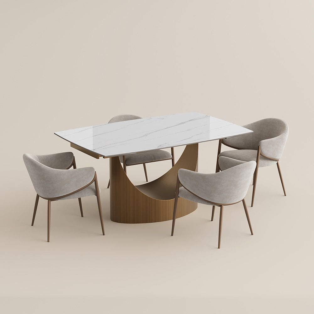 Extendable White & Bronze Glossy Sintered Stone Dining Room Set